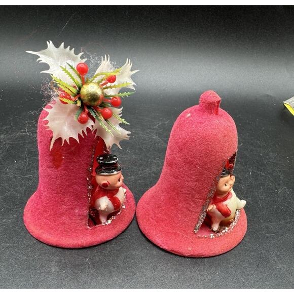 2 Vintage 1950’s Christmas Ornaments Flocked Bells With Baby New Year MCM -S1W - Picture 7 of 11